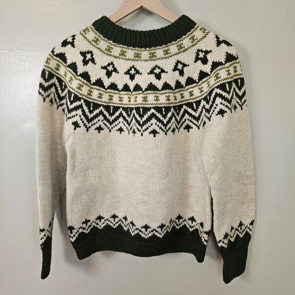 Hand Knit Fair Isle Nordic Wool Sweater Sz S? Ivory Green Chunky Winter Handmade - Picture 8 of 10